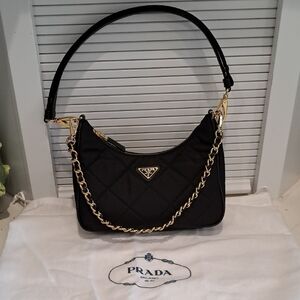 New Prada Black Quilted Shoulder Bag with Gold Chain Strap